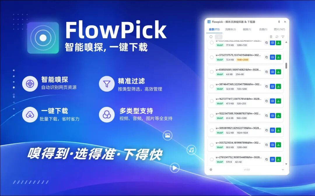 FlowPick 媒体嗅探下载器：自动捕捉网页视频音频与图片资源 截图