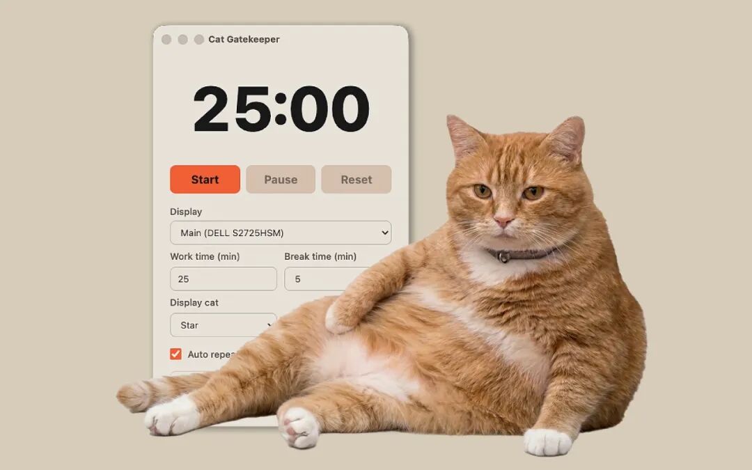 Cat Gatekeeper 萌猫计时器：用大黄猫强制休息的桌面提醒工具 截图
