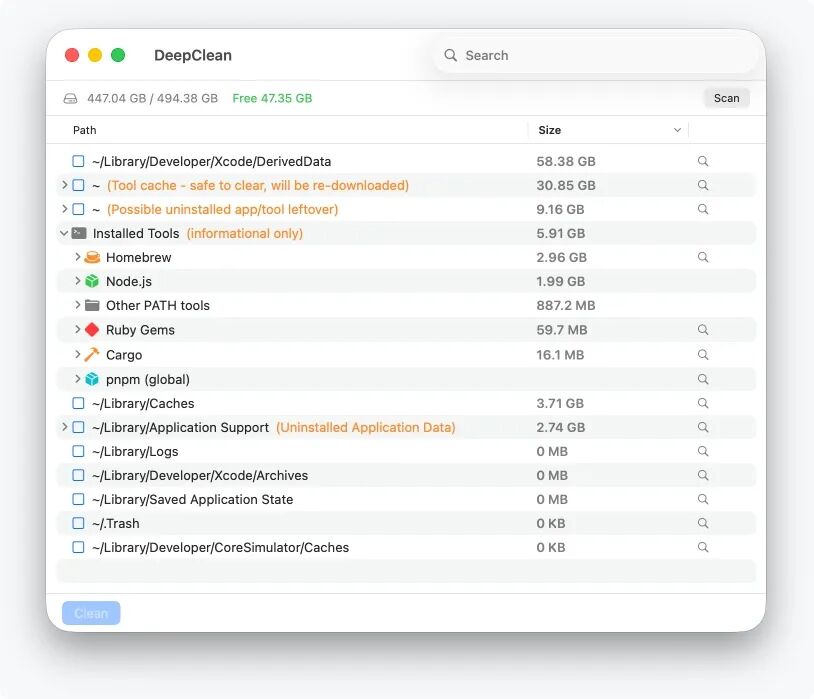 DeepClean 智能清理工具:高效扫描并清除 macOS 系统垃圾与开发残留 截图