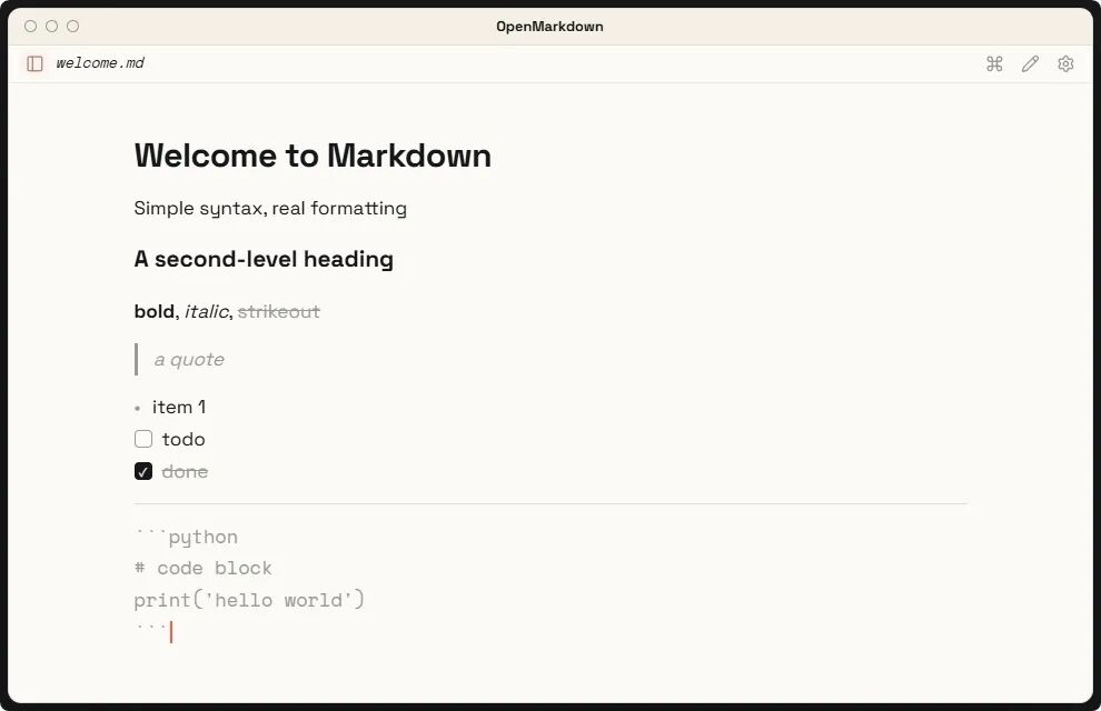 OpenMarkdown 原生 Markdown 编辑器：支持 AI 协同的轻量 截图
