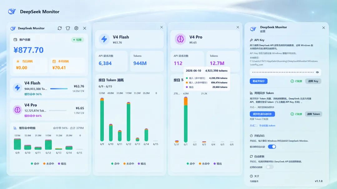 DeepSeek Monitor：监控 DeepSeek API 用量与余额的桌 截图