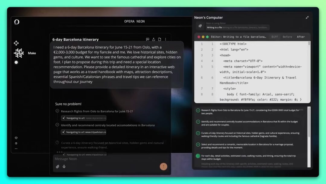 Opera Neon 概念浏览器:用对话指令驱动 AI 完成研究与创作 截图