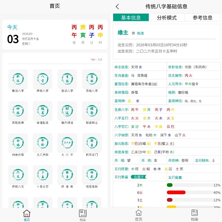 综合排盘 v5.0：集成多派八字命理与择吉起名的专业排盘工具 截图