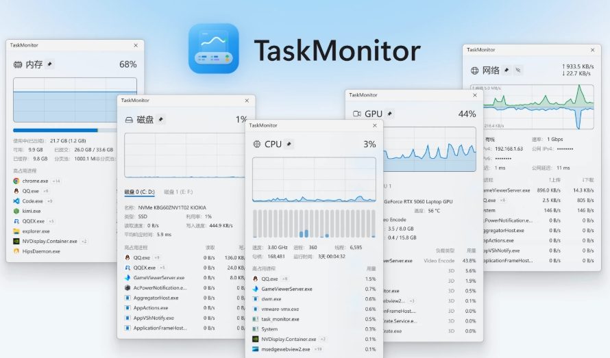 TaskMonitor 系统负载监测工具,从进程维度实时查看资源占用 截图